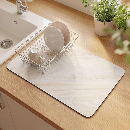 LemonRoad Dish Drying Mat for Kitchen Counter, 12"x20" Absorbent Coffee Bar Mat with Marble Texture Design, Fast-dry Diatomite Drainer Drying Mats with Non-slip Backing for Kitchen Sink Countertop