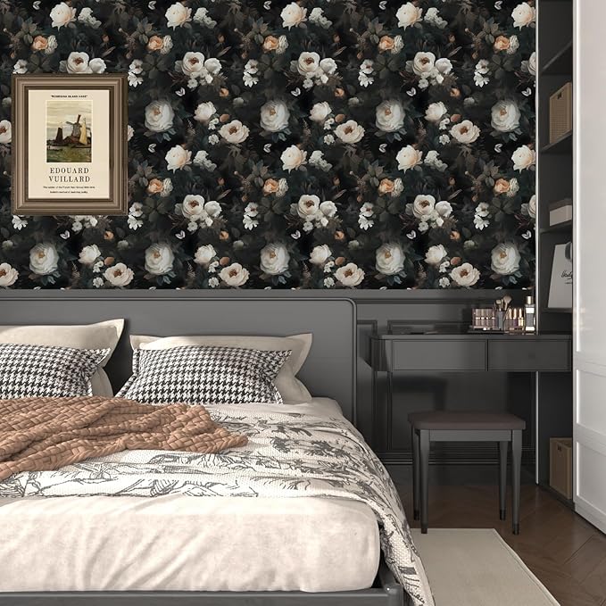 Fvlow Dark Wallpaper Floral Peel and Stick 17.4" x 118" Black White Contact Paper Vintage Watercolor Self Adhesive Covering for Bedroom Cabinet Bathroom Home Decor