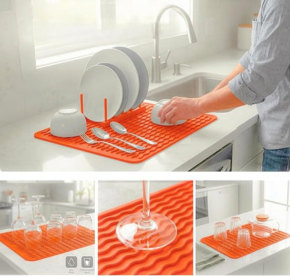 MicoYang Silicone Dish Drying Mat for Multiple Usage,Easy clean,Eco-friendly,Heat-resistant Silicone Mat for Kitchen Counter or Sink,Refrigerator or drawer liner Orange L 16 inches x 12 inches