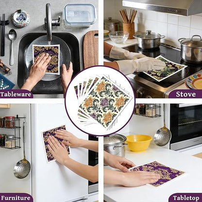 Reusable Swedish Dishcloths for Kitchen, 6 Pcs Mardi Vintage Floral Swedish Dish Cloths, Purple Flower Sponge Cleaning Towels Wipes for Kitchen Cooking Gras Home Decoration Housewarming Gifts