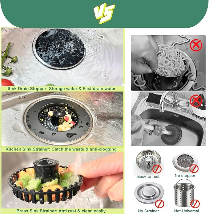 Sink Drain Strainer, 3 in 1 Kitchen Sink Drain Strainer, Kitchen Sink Stopper, Sink Drain Stopper, Sink Strainer with an Extra Anti-Clog Basket for US Standard 3-1/2'' Sink Hole, Brass Material Black