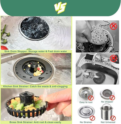 Sink Drain Strainer, 3 in 1 Kitchen Sink Drain Strainer, Kitchen Sink Stopper, Sink Drain Stopper, Sink Strainer with an Extra Anti-Clog Basket for US Standard 3-1/2'' Sink Hole, Brass Material Black