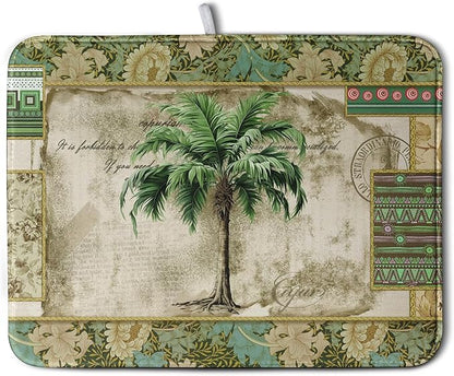 Palm Tree Kitchen Dish Drying Mat for Dishes 16x18 Inch Summer Vintage Tropical Leaves Green Jungle Plant Drying Mat Botanical Dish Drainer Mat Super Absorbent Dish Rack Pad for Coffee Bar Sinks