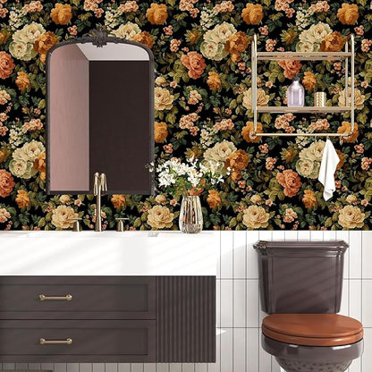Fvlow Black Green Floral Wallpaper Peel and Stick 17.4" x 394" Dark Rose Moody Contact Paper Waterproof Self Adhesive Covering for Bedroom Bathroom Kitchen Abstract Art Home Decor