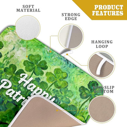 St Patricks Day Lucky Clover Dish Drying Mat for Kitchen Counter 16x18 Green Shamrock Happy Holiday Theme Absorbent Reversible Microfiber Drying Mats Kitchen Countertop Protector Dishes Drainer Pad