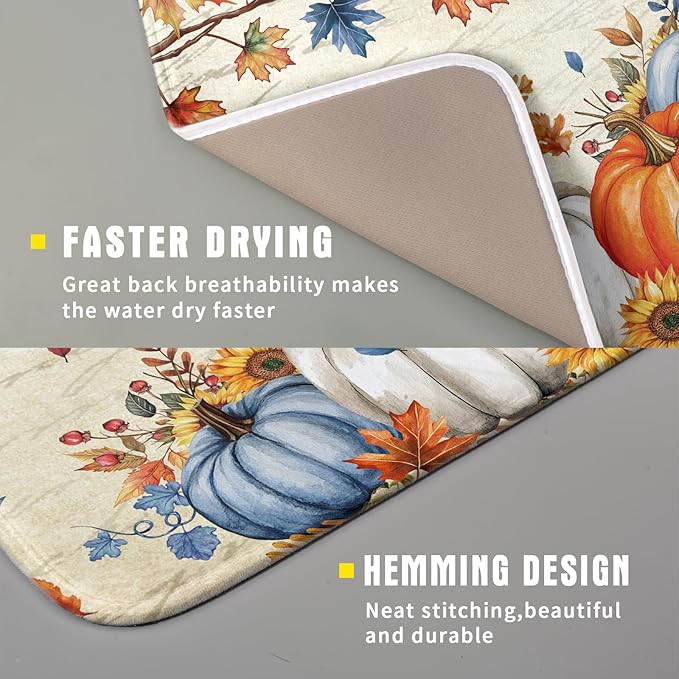 Fall Pumpkin Dish Drying Mat for Kitchen Counter 16x18 Inch Vintage Autumn Thanksgiving Absorbent Reversible Microfiber Dish Drainer Rack Mats Countertops Protector Mat