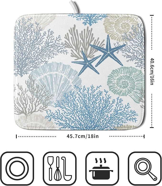 Nautical Coastal Dish Drying Mat for Kitchen Counter,Summer Ocean Themed Seashell Coral Starfish Drying Mat 16 x 18 Inch with High Absorbent Microfiber Dish Drying Drainer Mat for Coffee Bar