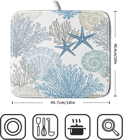 Nautical Coastal Dish Drying Mat for Kitchen Counter,Summer Ocean Themed Seashell Coral Starfish Drying Mat 16 x 18 Inch with High Absorbent Microfiber Dish Drying Drainer Mat for Coffee Bar