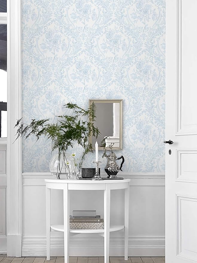 Ismoon Floral Peel and Stick Wallpaper Blue Contact Paper Boho Watercolor Damask Wallpaper Vintage Textured Removable Self Adhesive Vinyl Wall Paper Renter Friendly, 17.3inX49ft