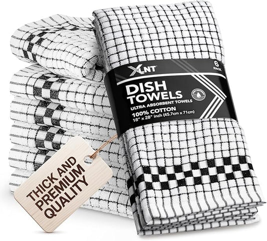 XLNT Highly Absorbent Kitchen Dish Towels 100% Cotton 18x28 inch – Ultra-Thick Dishcloths – Premium Weave for Drying & Cleaning – Soft, Durable & Lint-Free – Pack of 6 Black
