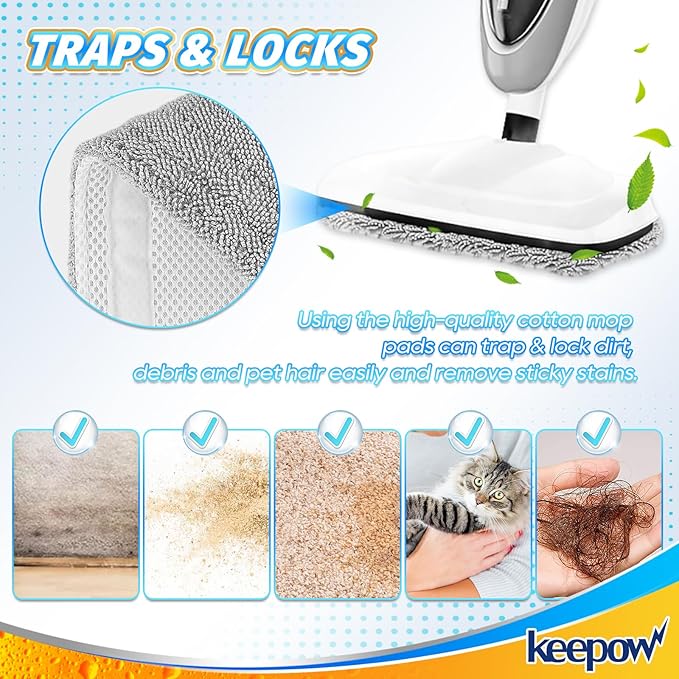 KEEPOW Steam Mop Pads Compatible with GorFanty Steam Mop Model GF-6610B/GF-6610, Steam Mop Cloth with Washable Highly Absorbent Microfiber Pad Steam Mop Replacement Pads for Floor Steamer Mop 2 Pack