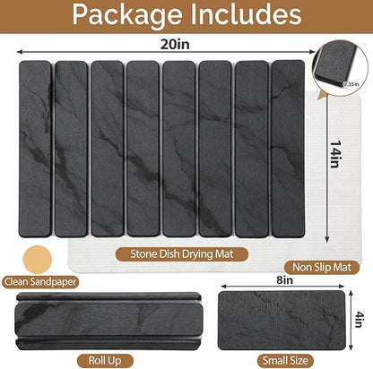 2 PCS Stone Dish Drying Mat for Kitchen Counter,Quick Dry Stone Dishes Mats,Marbled Water Absorbing Diatomaceous Earth Drying Pad for Countertop Bottles Utensils Cups（Dark Gray 20"×14" & 8"x4"）
