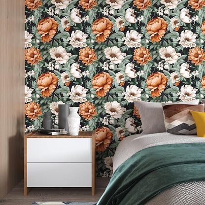 Floral Wallpaper Peel and Stick, Vintage Large Blooming Flowers Contact Paper 17.5" x 118", Retro Wall Paper Self Adhesive Removable Waterproof for Room Walls Shelves Cabinet Table (Orange, Green)