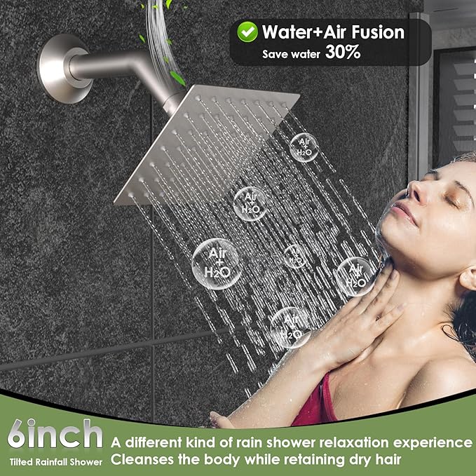 Enga Dual Shower Head Shower System with Body Jets, 12" Ceiling Mounted Rain Shower Head & 6" Wall Mounted Head Full Body Rainfall Shower Faucet with Valve Kit, Brushed Nickel