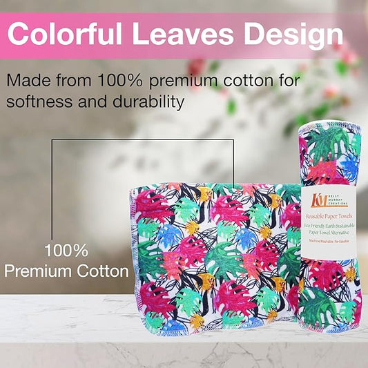 Pack of 10 Reusable Paper Towels | 10x10 Inch Cotton Towels | Kitchen Utensils Print | Eco Friendly, Washable, Quick Drying | Sustainable Cleaning Cloths | Colorful Leaves