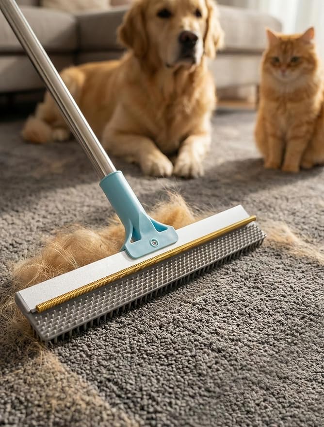 Carpet Rake for Pet Hair Removal: DELOMO Carpet Broom Scraper with 54” Adjustable Long Handle, Dual-Sided, Metal + Short Silicone for Carpets & Rugs, Extended Silicone for Shag Rugs & Hard Floors