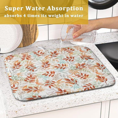 Fall Dish Drying Mat for Kitchen Counter 16x18 Burnt Orange Leaves Autumn Harvest Theme Thanksgiving Absorbent Reversible Microfiber Drying Mats Kitchen Countertop Protector Dishes Drainer Pad