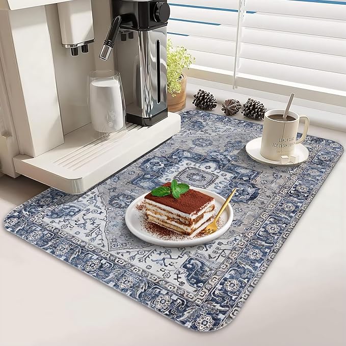 Dish Drying Mat for Kitchen Counter 2 Pack with Non-Slip Rubber Backing - Heat-Resistant Absorbent Coffee Bar Mat, Dish Rack Mat, Boho Dish Drying Mats 18x24+19.5x12 inch