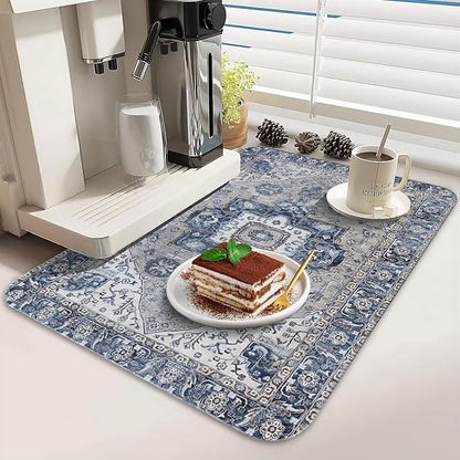 Dish Drying Mat for Kitchen Counter 2 Pack with Non-Slip Rubber Backing - Heat-Resistant Absorbent Coffee Bar Mat, Dish Rack Mat, Boho Dish Drying Mats 18x24+19.5x12 inch