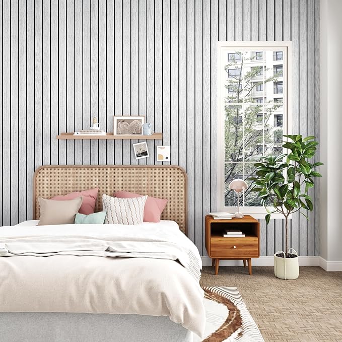 White Grey Wood Panels for Wall Slat Panel Self Adhesive Wood Slat 3D Wall Panels Peel and Stick 11.8"x197" Faux Foam Wooden Walls Panel Removable Modern Wooden Wallpaper for Bedroom Studio