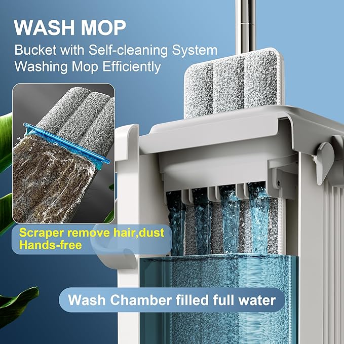 JOYMOOP Mop and Bucket Set for Floor Cleaning and Wall Cleaner, Flat Mop and Bucket System Set (White, White X-Large Bucket #5 + 60" Flat Mop + 3 Pads)