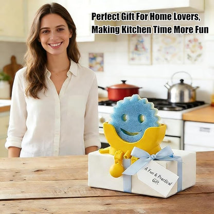 Cute Hanging Sponge Holder with Drainage,3D Printed Kitchen Funny Sponge Stand for Sink,with non-slip pads,Suitable for Scrub Daddy Holder,Keeps Your Sponge Dry Smiling (Yellow)