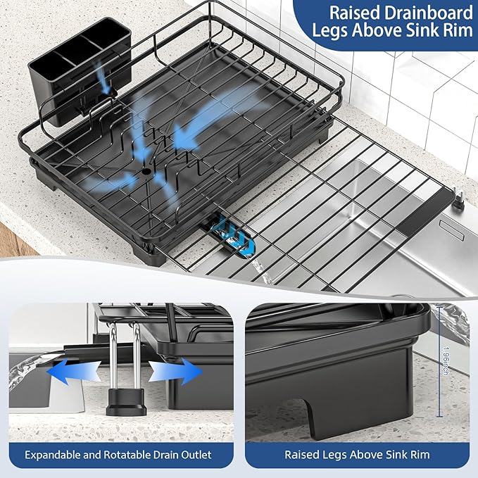 Expandable Dish Drying Rack,Rust-Proof Metal Dish Racks for Kitchen Counter with 360° Swivel Drain Spout,Space-Saving Dish Drainer with Utensil Holder for Small Apartment & Home Organization