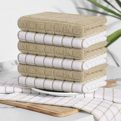Homaxy Premium Cotton Kitchen Towels 16"x 28", Large Natural Ring Spun 390 GSM Dish Towels, Super Absorbent Terry Kitchen Hand Towels, Soft Tea Towels with Hanging Loop, Tan Check Design, 8 Pack