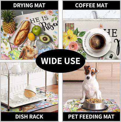 He is Risen Easter Dish Drying Mat for Kitchen Counter Bunny Floral Cross Dish Drainer Mats Spring Rabbit Flowers Egg Dish Drying Pads Absorbent Microfiber Reusable Dish Rack Mat 16x18 Inch