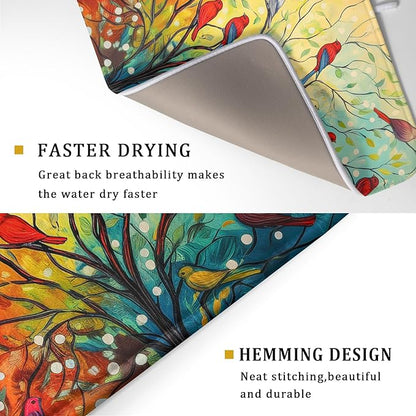 Spring Summer Floral Birds Dish Drying Mat for Kitchen Counter 18x24 Inch Spring Colorful Floral Kitchen Drying Mat Fast Dry Absorbent Microfiber Dish Drainer Rack Pad Flower Mat for Countertop Decor