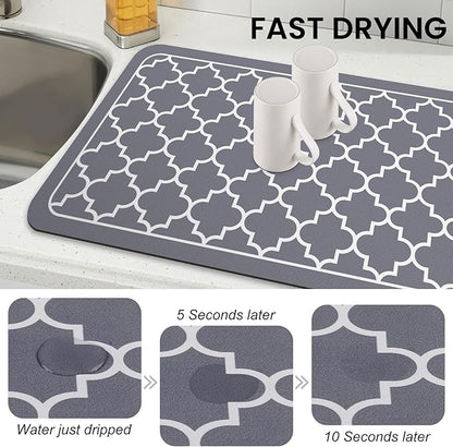 WISELIFE Dish Drying Mat Super Absorbent Drying Mat Large Dish Drying Mats for Kitchen Counter Easy Clean Dish Mat Kitchen Drying Mat18"x 32" Stylish Grey