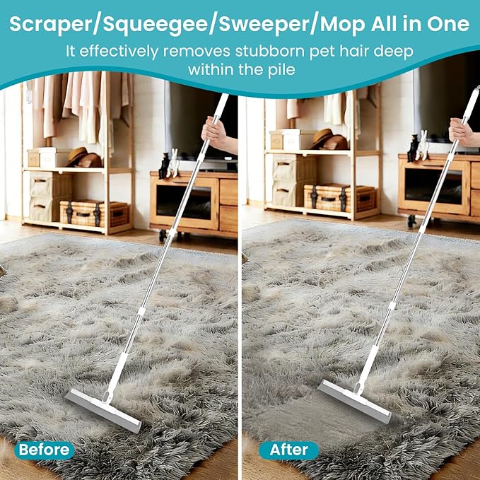 Carpet Rake for Pet Hair Removal Tool, 60” Adjustable Long Handle Pet Carpet Brush, Reusable Carpet Scraper Dog cat Hair Remover for Carpets, Rugs, Mats, and Stairs