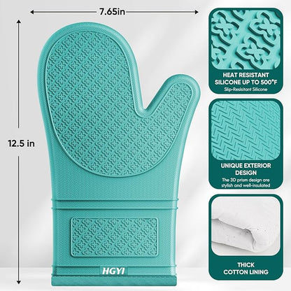 Silicone Oven Mitts, Heat Resistant Oven Gloves with Quilted Liner, Waterproof & Non-Slip Kitchen Mittens for Baking Cooking BBQ, 500°F, 12.5"-Aqua Sky