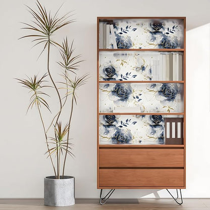White Floral Wallpaper Peel and Stick Watercolor Blue/Golden Flower Contact Paper Modern Wall Paper Waterproof Self-Adhesive Wall Covering for Bedroom Countertop Desk Cabinets Decor 17.4" x 118"