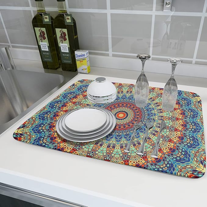 Bohemian Mandala Dish Drying Mat for Kitchen Counter Boho Ethnic Drying Mat 18 x 24 Inch with High Absorbent Reversible Microfiber Dish Drying Pad Dish Rack Pad Drainer Mat for Coffee Bar