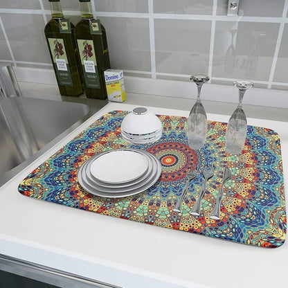 Bohemian Mandala Dish Drying Mat for Kitchen Counter Boho Ethnic Drying Mat 18 x 24 Inch with High Absorbent Reversible Microfiber Dish Drying Pad Dish Rack Pad Drainer Mat for Coffee Bar