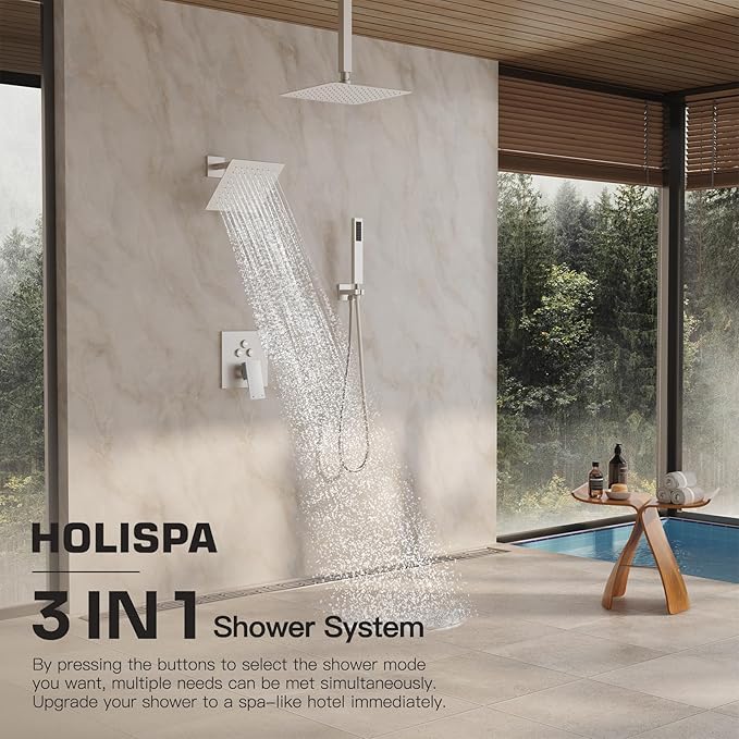 Shower System, Shower Faucet Set with 3 In 1 Push Button Valve, Shower Faucet included 10" Ceiling Shower Head and 8" Wall-Mount Shower Head with Handheld Spray, Brushed Nickel