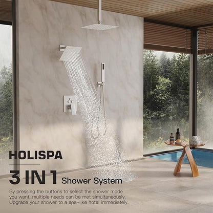 Shower System, Shower Faucet Set with 3 In 1 Push Button Valve, Shower Faucet included 10" Ceiling Shower Head and 8" Wall-Mount Shower Head with Handheld Spray, Brushed Nickel
