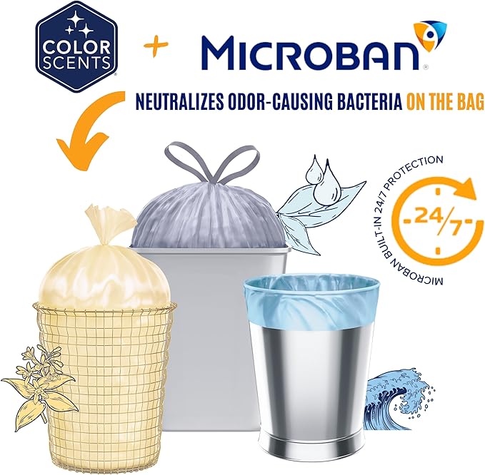 Color Scents Tall Kitchen Trash Bags - 13 Gallon, 20 Bags (1 Pack of 20 Bags), Drawstring - White bag in Lavender + Sage Scent with Microban