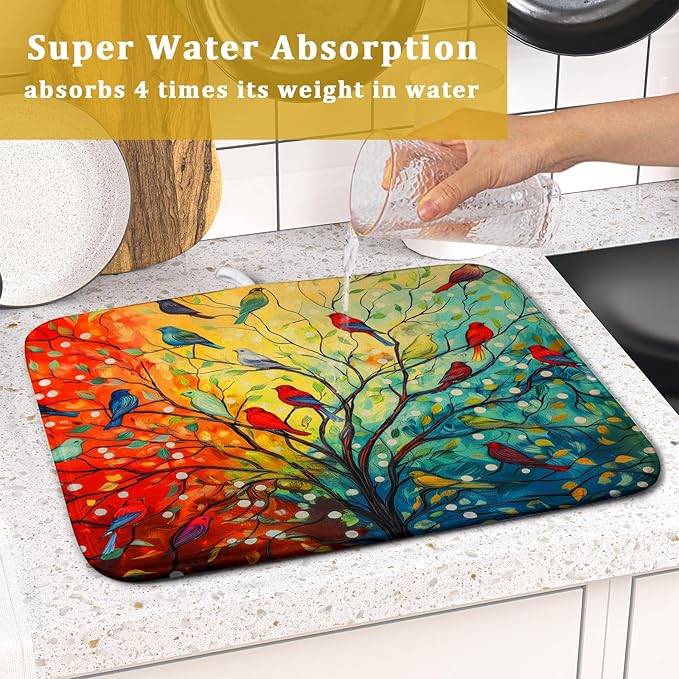 Colorful Spring Tree Bird Dish Drying Mats for Kitchen Counter 16”x18” Absorbent Reversible Microfiber Spring Floral Dish Drying Pad Seasonal Flowers Mat Dish Draining Mat for Countertop Table Decor