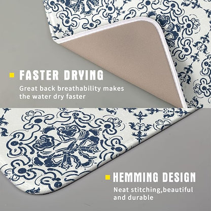 Bohemian Grey Retro Dish Drying Mat for Kitchen Counter,Boho Abstract Flower Art Drying Mat 16 x 18 Inch Microfiber Dish Drying Pad Dish Rack Pad Drainer Mat for Coffee Bar