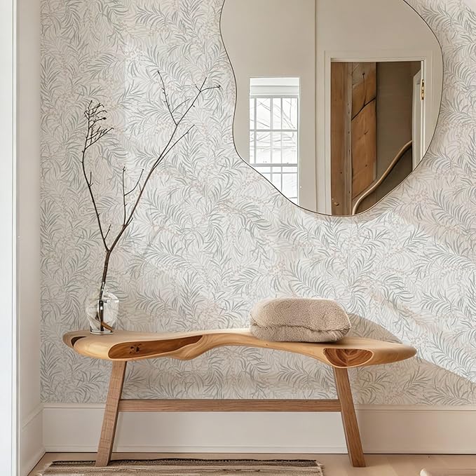 Ismoon Boho Wallpaper Peel and Stick Dusty Green Botanical Wallpaper 17.3in x6.56ft Neutral Leaf Removable Waterproof Green Contact Paper for Bedroom Kitchen Renter Friendly Wall Decor Vinyl