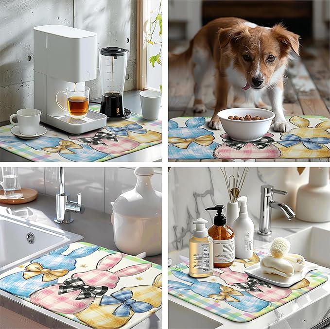 Easter Drying Mat for Kitchen Counter 18x24 Inch Spring Cute Bunny Dish Drying Mats Colorful Buffalo Plaid Rabbits Drying Pad Microfiber Absorbent Dish Drainer Rack Mat Easter Kitchen Accessories