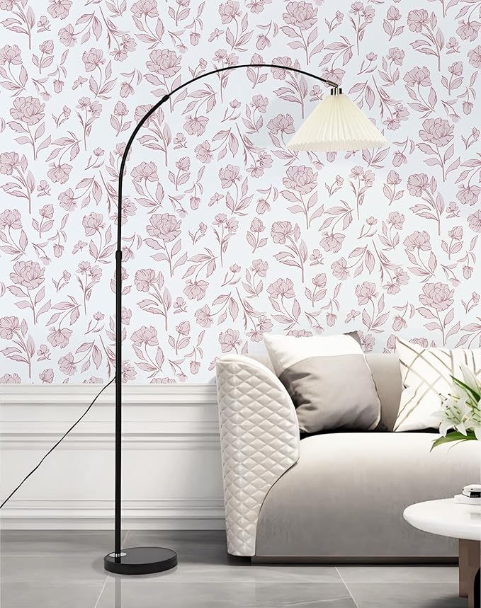Timeet Floral Peel and Stick Wallpaper Pink and White Wallpaper Removable Self-Adhesive Contact Paper for Bedroom Bathroom Vintage Wall Paper for Walls Covering 17In×393.7In