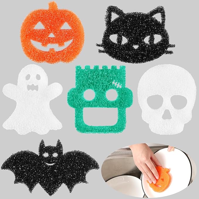 Umigy 6 Pcs Halloween Cleaning Sponges Cute Kitchen Scrub Sponges Ghost Bat Pumpkin Cat Sponge Temperature Sensitive Non Scratch Household Cleaning Sponges Scrubber for Dish Pots and Pans Dishwashing