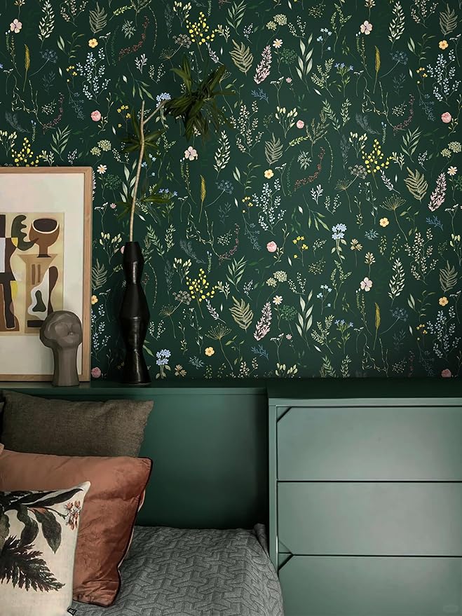 Dimoon 78.7"x16.1" Floral Peel and Stick Wallpaper Dark Green Smooth Contact Paper Flower Thicken Waterproof Green Leaf Self Adhesive Pomegranate Wallpaper Removable Shelf Liner Decal Vinyl Roll