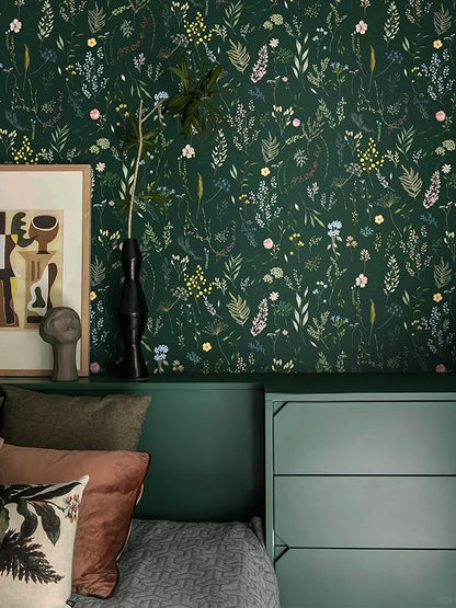 Dimoon 78.7"x16.1" Floral Peel and Stick Wallpaper Dark Green Smooth Contact Paper Flower Thicken Waterproof Green Leaf Self Adhesive Pomegranate Wallpaper Removable Shelf Liner Decal Vinyl Roll