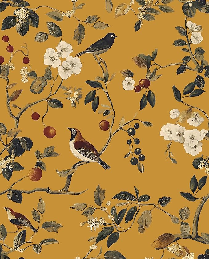 Laatse Vintage Bird Wallpaper 17.5"x118" Yellow Chinoiserie Floral Wallpaper Peel and Stick Removable Waterproof Self Adhesive Boho Wall Paper Floral Contact Paper for Bedroom Walls Cabinet Locker