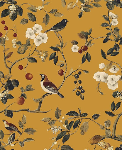 Laatse Vintage Bird Wallpaper 17.5"x118" Yellow Chinoiserie Floral Wallpaper Peel and Stick Removable Waterproof Self Adhesive Boho Wall Paper Floral Contact Paper for Bedroom Walls Cabinet Locker