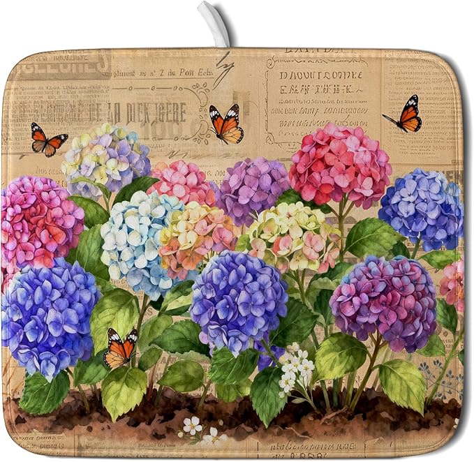 Vintage Hydrangea Dish Drying Mat Watercolor Floral Microfiber Absorbent Dish Drying Pad for Kitchen Counter Small